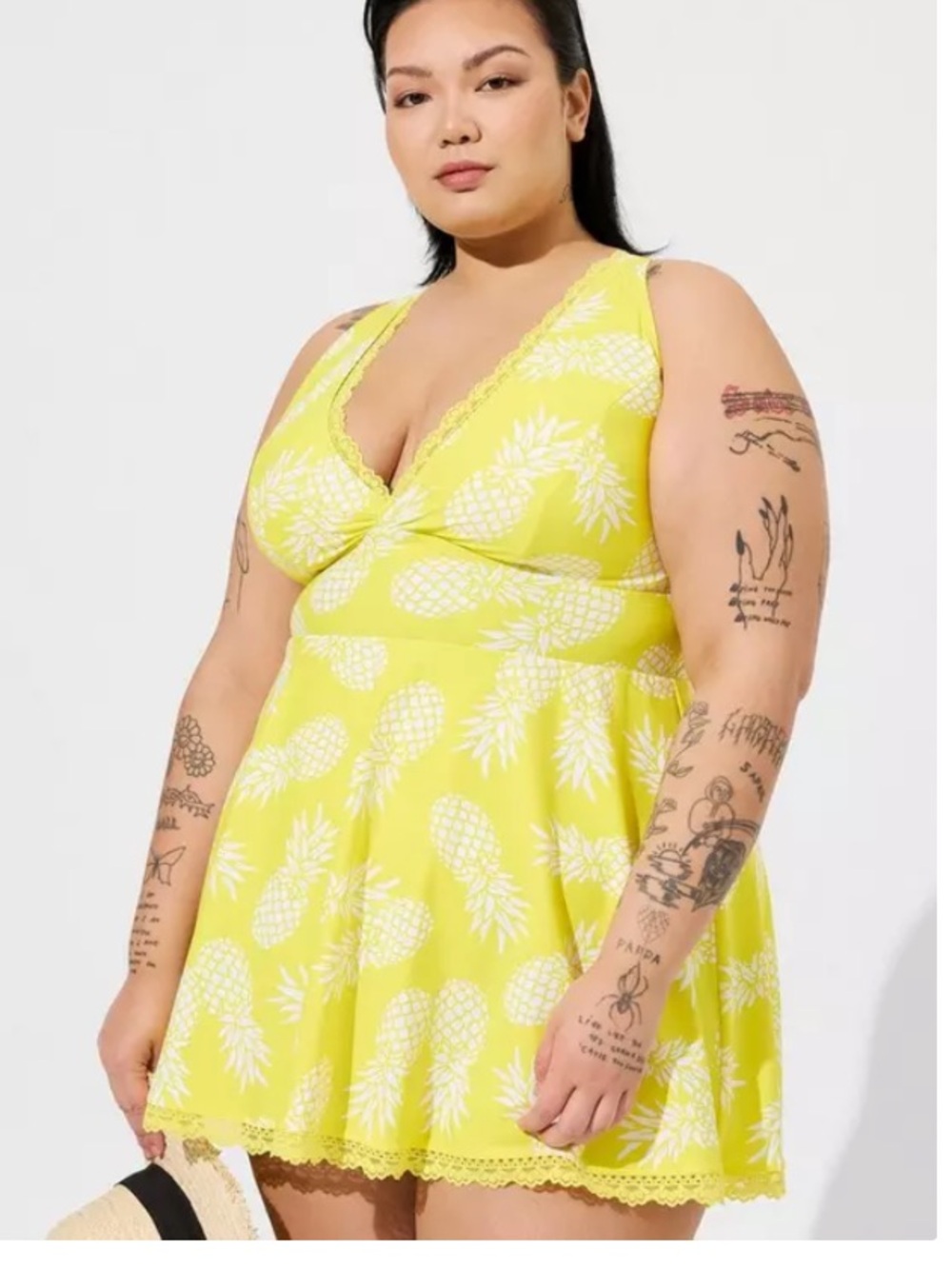 NWT torrid pineapple print deep v lace trim swimsuit swim dress